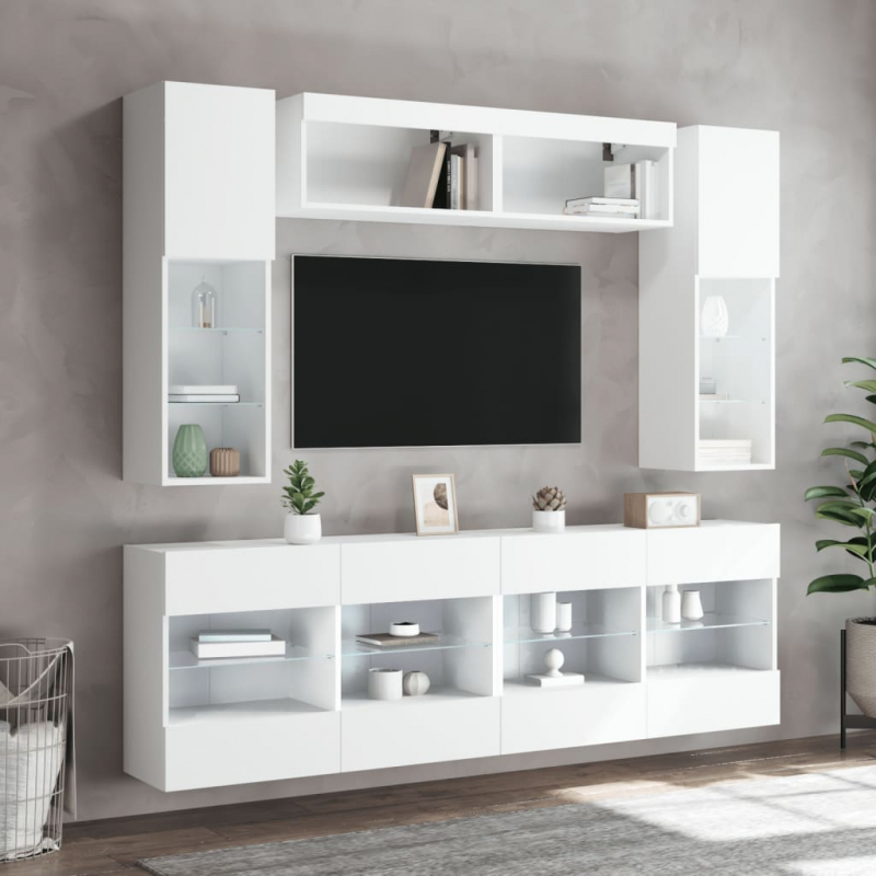 6-tlg. TV-Wohnwand mit LED-Leuchten Weiß