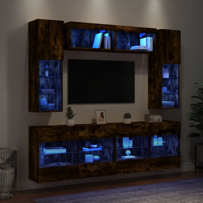 6-tlg. TV-Wohnwand mit LED-Leuchten Räuchereiche