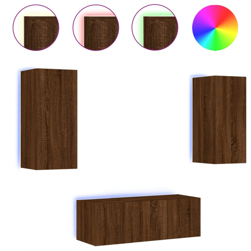 4-tlg. Wohnwand mit LED-Beleuchtung Braun Eiche Holzwerkstoff