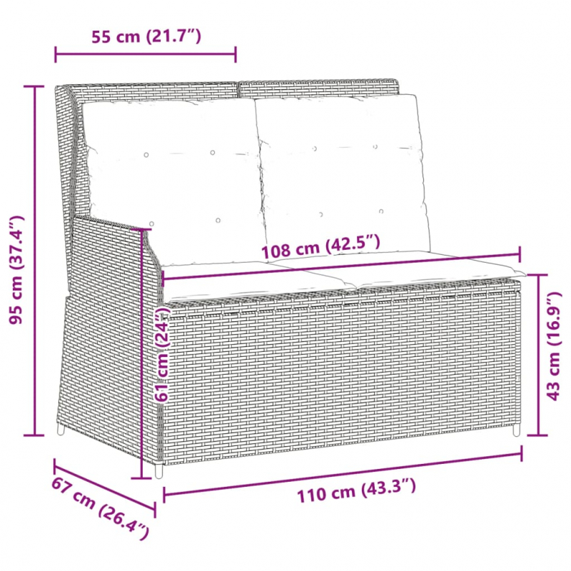 Gartenbank Verstellbar mit Kissen Schwarz Poly Rattan