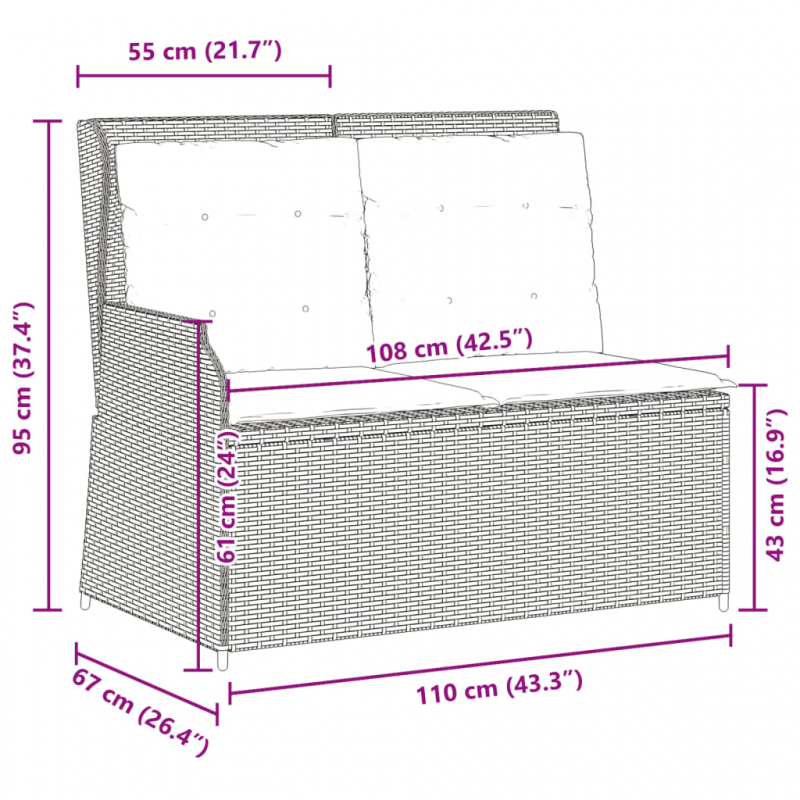 Gartenbank Verstellbar mit Kissen Braun Poly Rattan