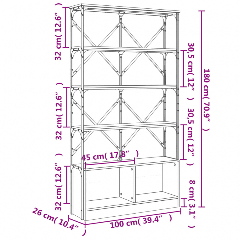 Bücherregal Grau Sonoma 100x26x180 cm Holzwerkstoff und Metall