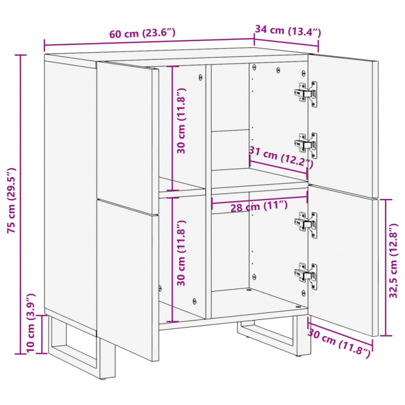 Sideboard 60x34x75 cm Raues Massives Mangoholz