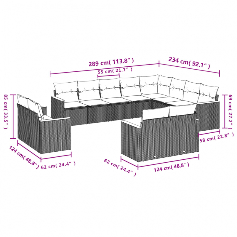 12-tlg. Garten-Sofagarnitur mit Kissen Grau Poly Rattan