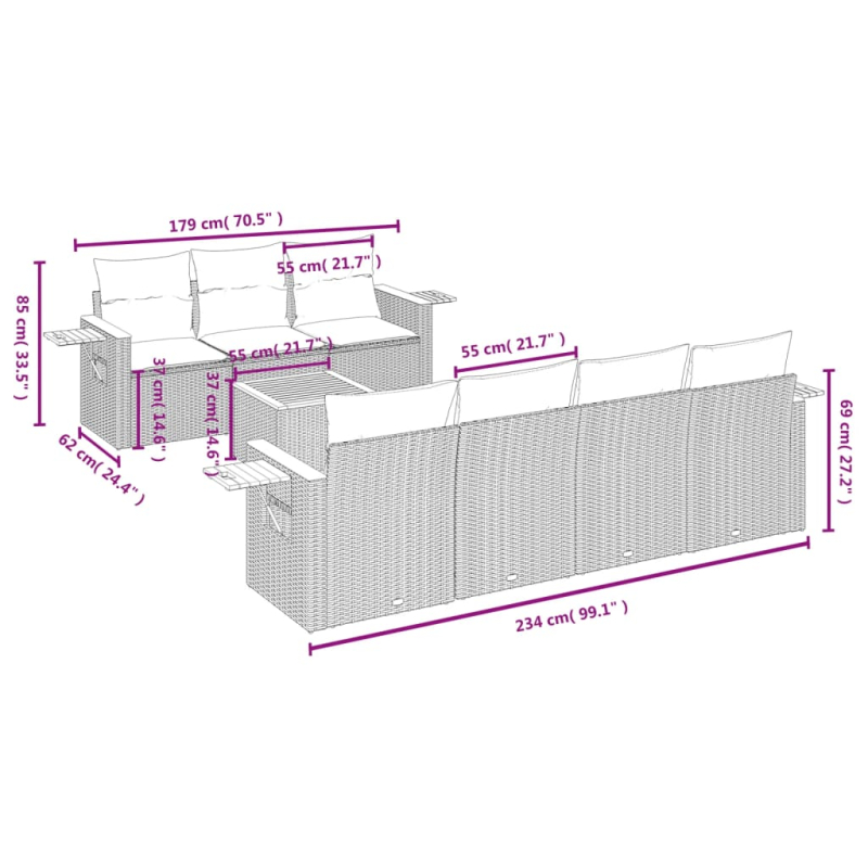 8-tlg. Garten-Sofagarnitur mit Kissen Grau Poly Rattan