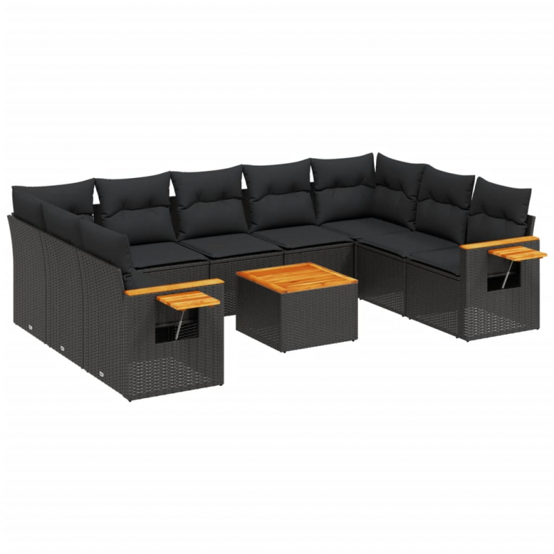 10-tlg. Garten-Sofagarnitur mit Kissen Schwarz Poly Rattan