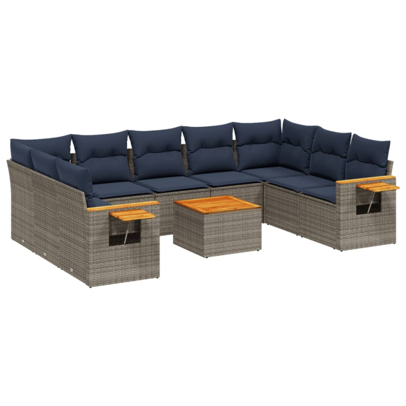 10-tlg. Garten-Sofagarnitur mit Kissen Grau Poly Rattan