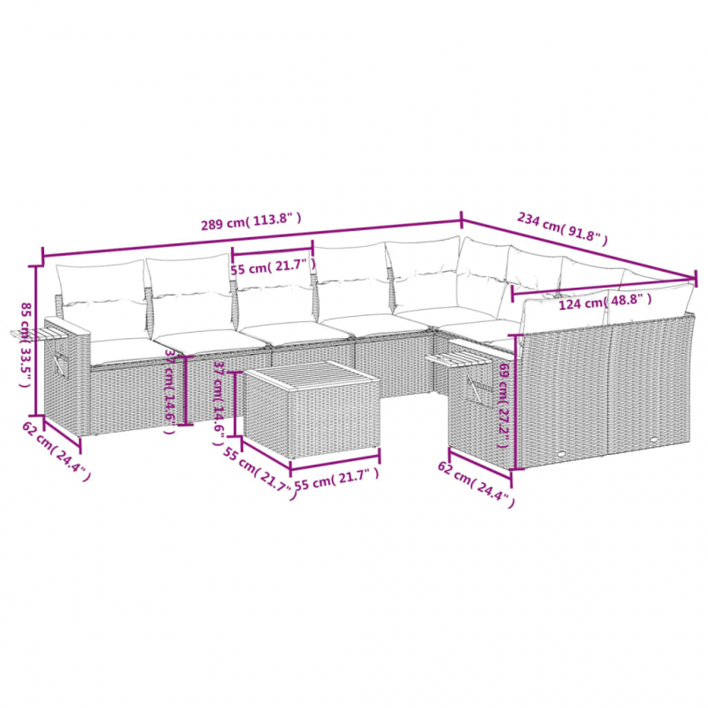 10-tlg. Garten-Sofagarnitur mit Kissen Schwarz Poly Rattan