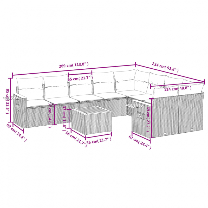 10-tlg. Garten-Sofagarnitur mit Kissen Grau Poly Rattan