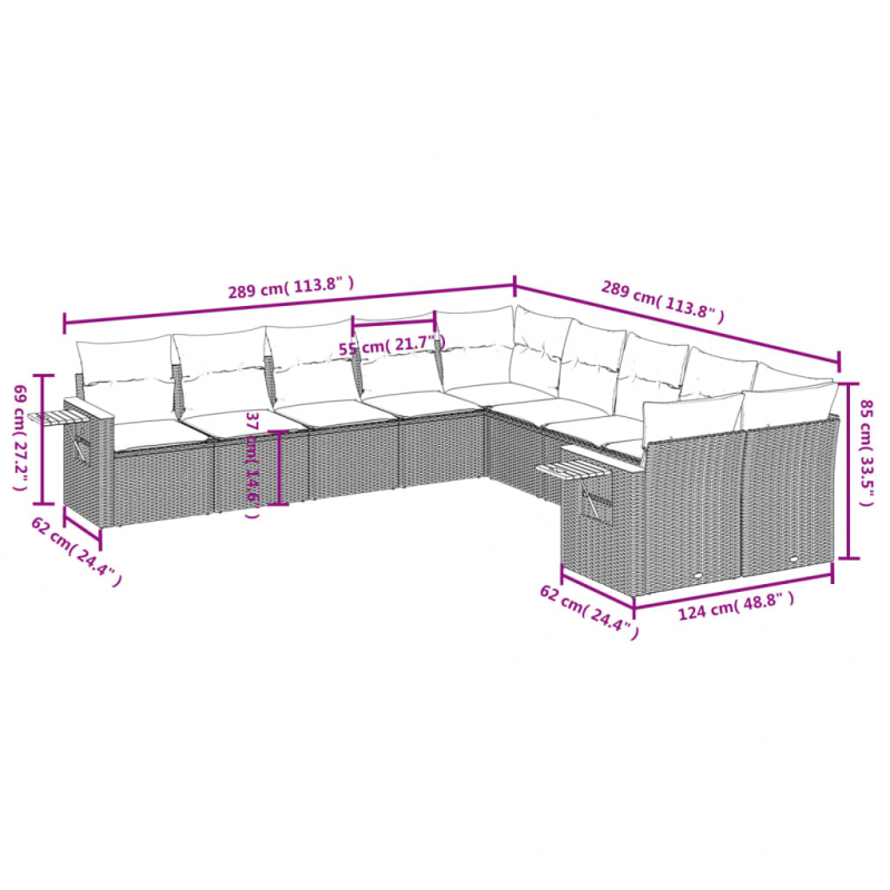 10-tlg. Garten-Sofagarnitur mit Kissen Schwarz Poly Rattan