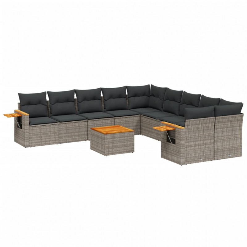 11-tlg. Garten-Sofagarnitur mit Kissen Grau Poly Rattan