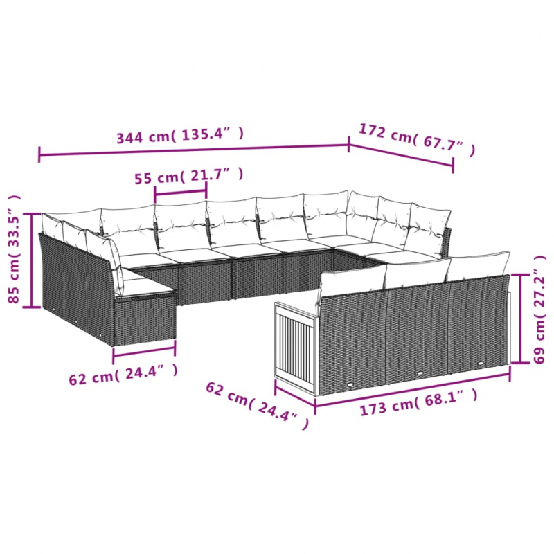 12-tlg. Garten-Sofagarnitur mit Kissen Grau Poly Rattan