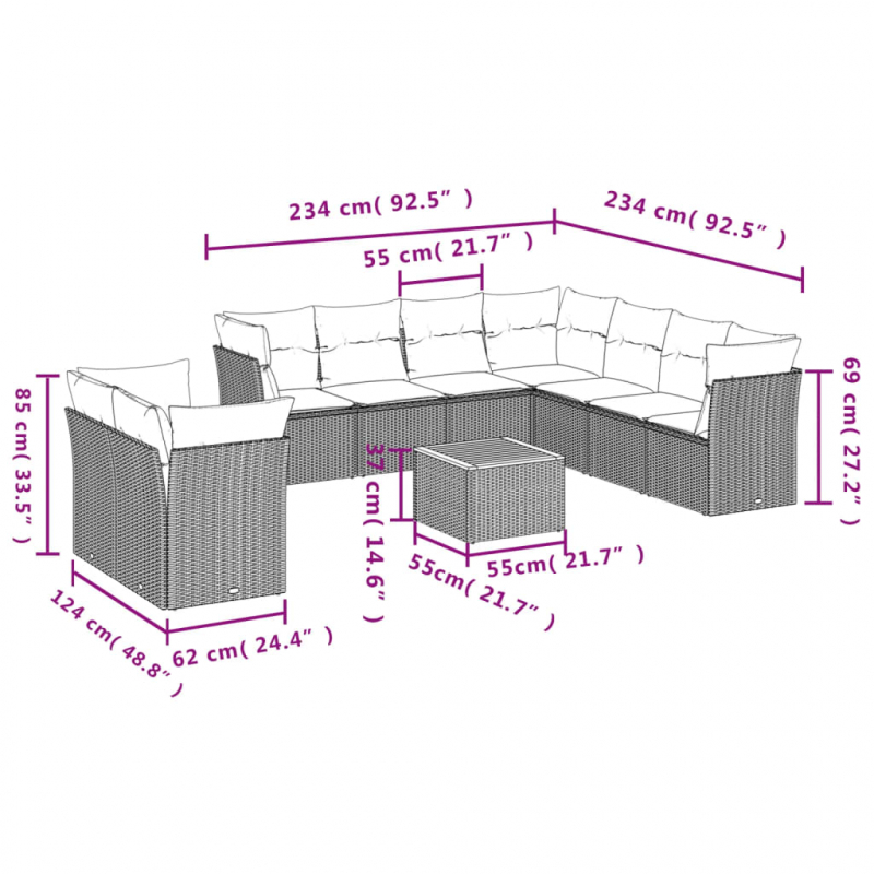 10-tlg. Garten-Sofagarnitur mit Kissen Schwarz Poly Rattan