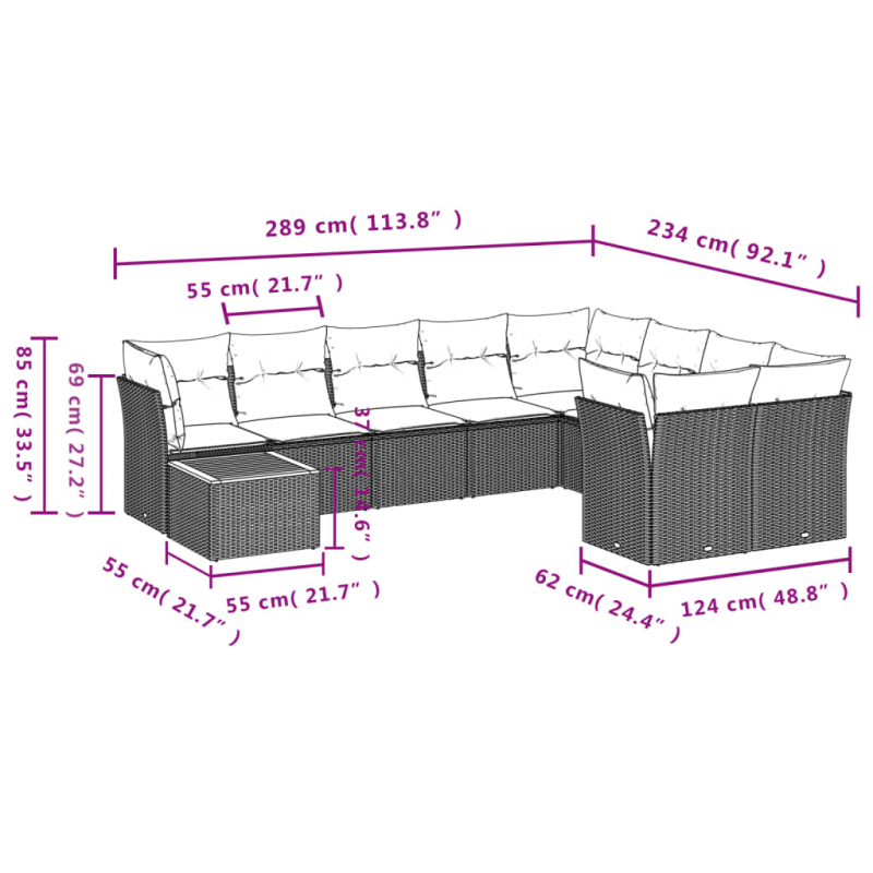 10-tlg. Garten-Sofagarnitur mit Kissen Schwarz Poly Rattan