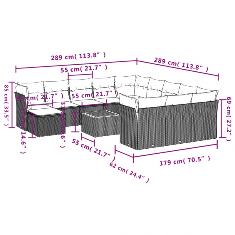 13-tlg. Garten-Sofagarnitur mit Kissen Schwarz Poly Rattan