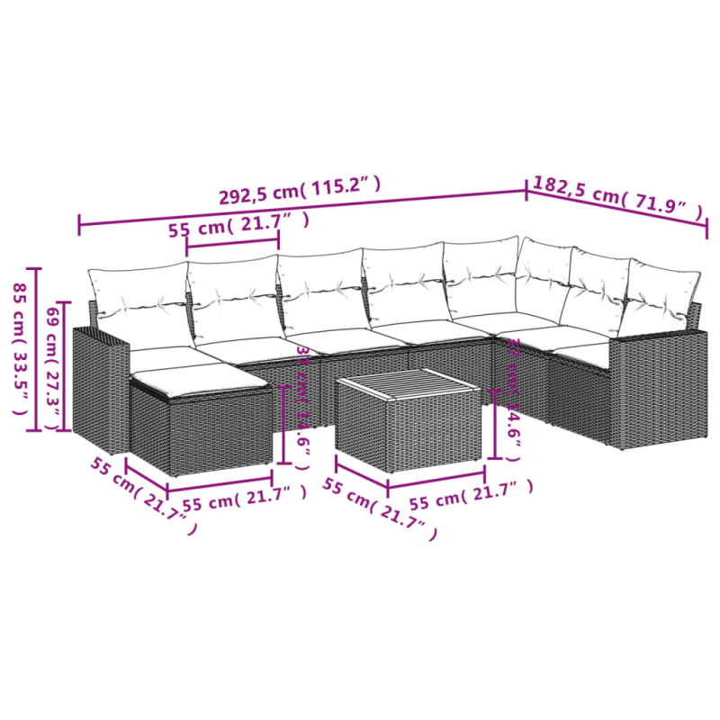 9-tlg. Garten-Sofagarnitur mit Kissen Schwarz Poly Rattan