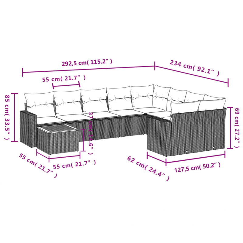 10-tlg. Garten-Sofagarnitur mit Kissen Grau Poly Rattan