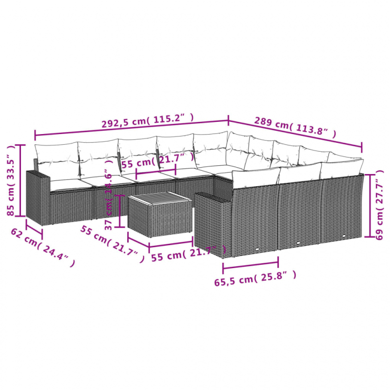 12-tlg. Garten-Sofagarnitur mit Kissen Schwarz Poly Rattan