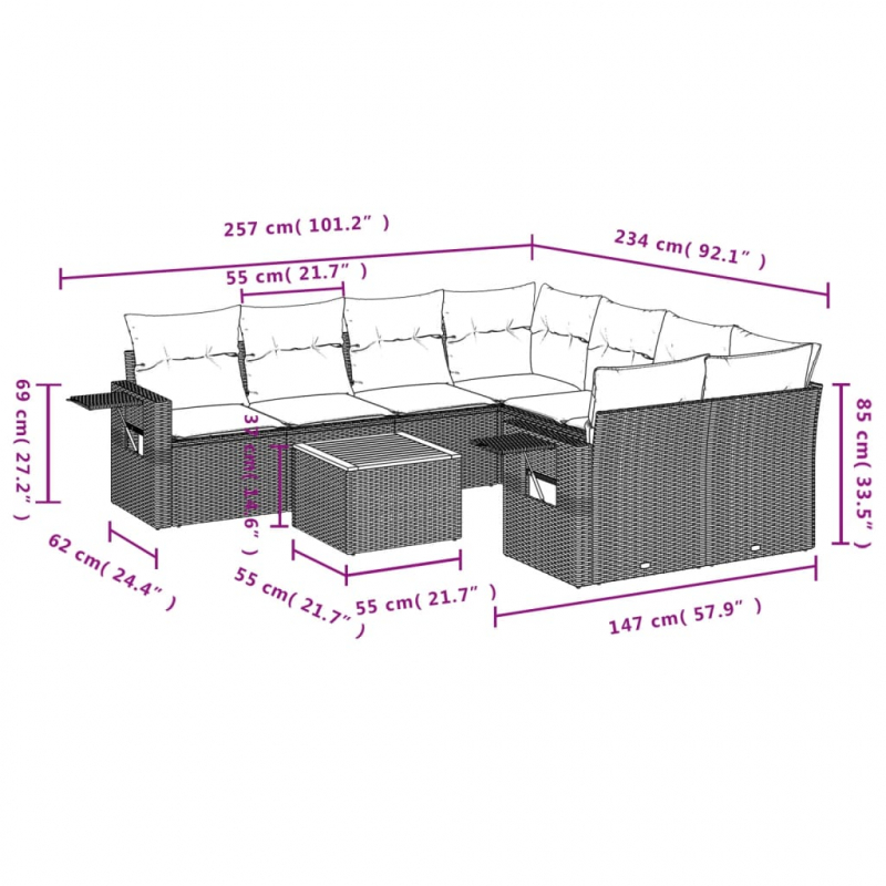 9-tlg. Garten-Sofagarnitur mit Kissen Schwarz Poly Rattan