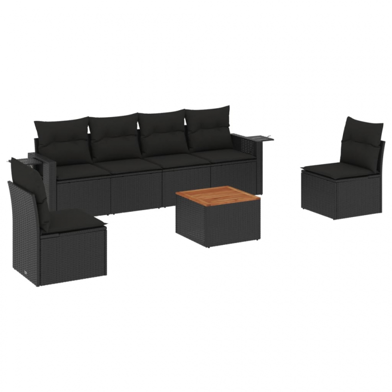 7-tlg. Garten-Sofagarnitur mit Kissen Schwarz Poly Rattan