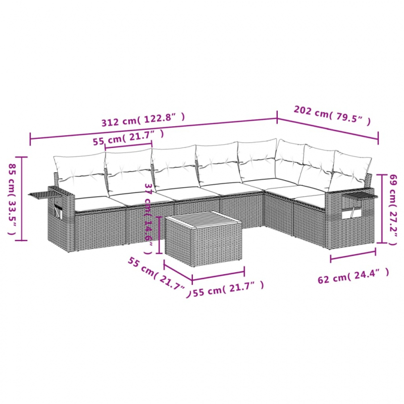 8-tlg. Garten-Sofagarnitur mit Kissen Grau Poly Rattan