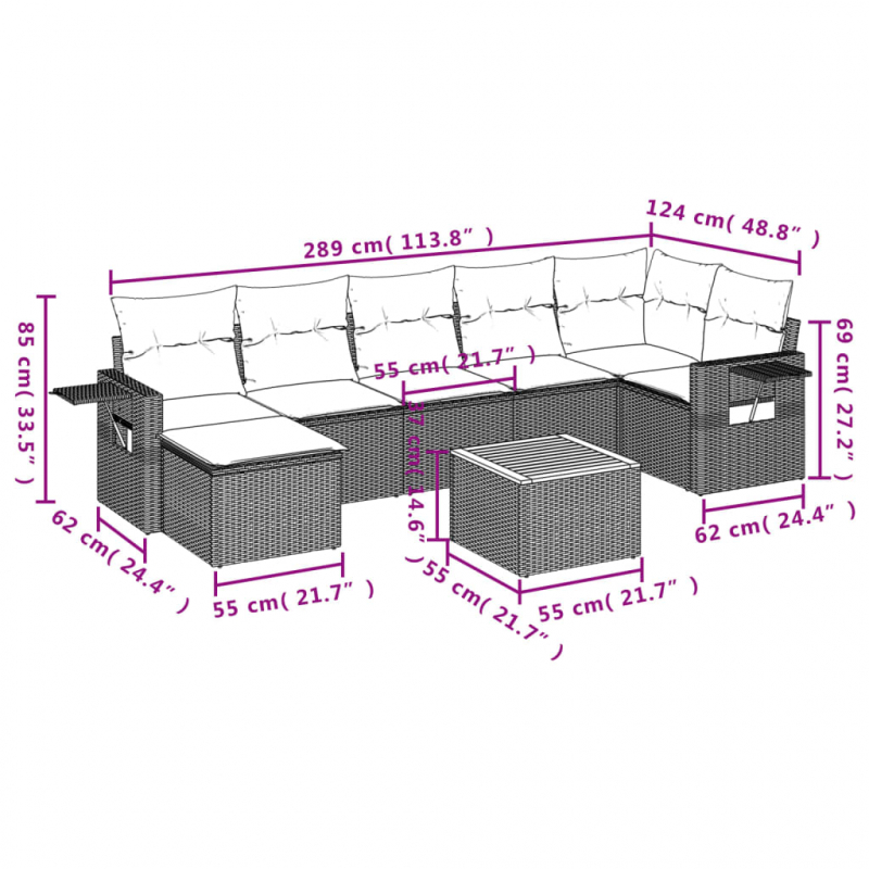 8-tlg. Garten-Sofagarnitur mit Kissen Schwarz Poly Rattan