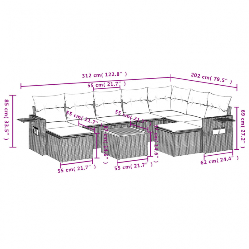 10-tlg. Garten-Sofagarnitur mit Kissen Schwarz Poly Rattan