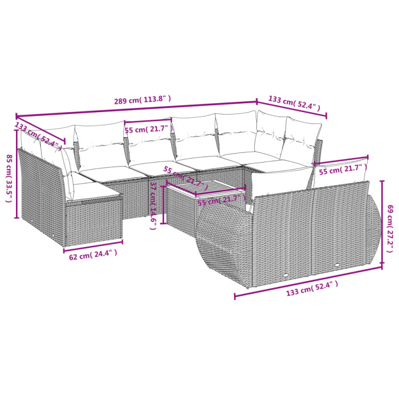 10-tlg. Garten-Sofagarnitur mit Kissen Schwarz Poly Rattan