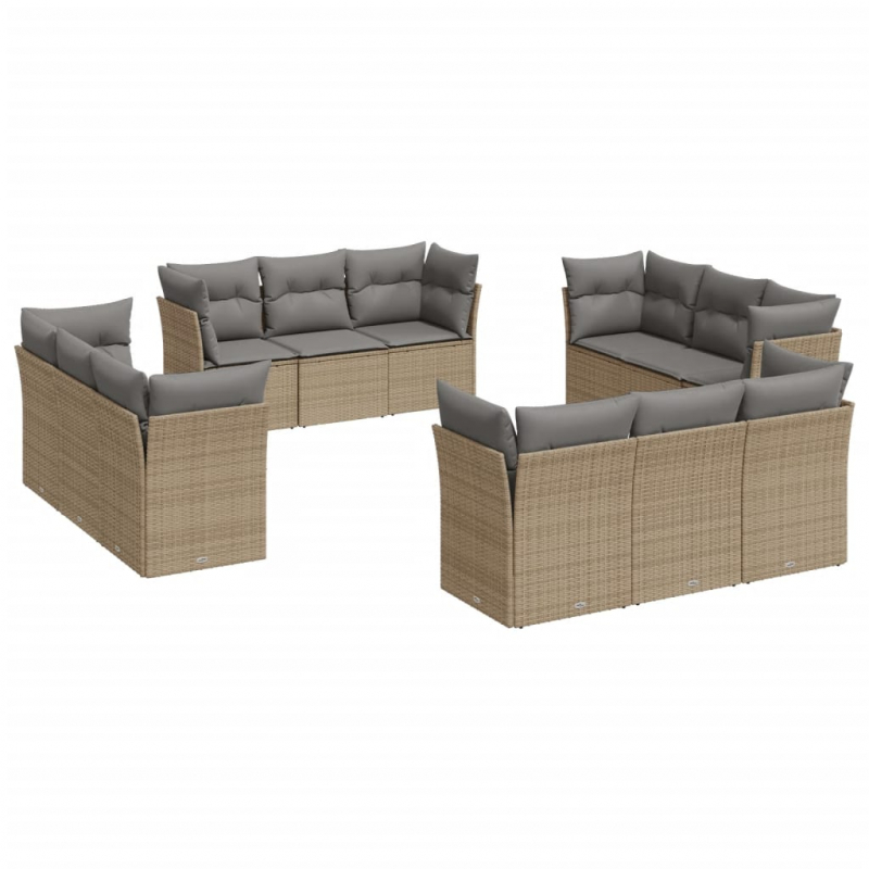 12-tlg. Garten-Sofagarnitur mit Kissen Beige Poly Rattan