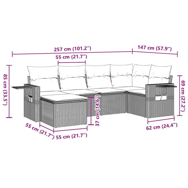 7-tlg. Garten-Sofagarnitur mit Kissen Schwarz Poly Rattan