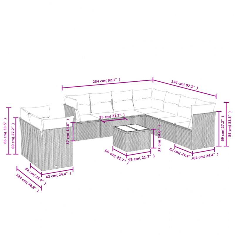 10-tlg. Garten-Sofagarnitur mit Kissen Hellgrau Poly Rattan