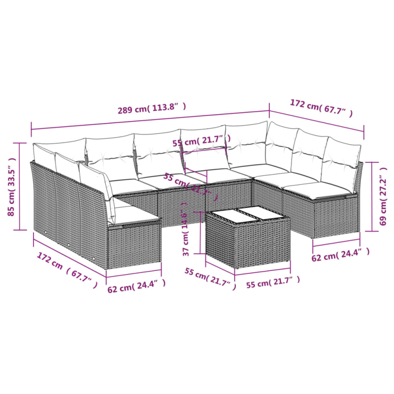 10-tlg. Garten-Sofagarnitur mit Kissen Braun Poly Rattan