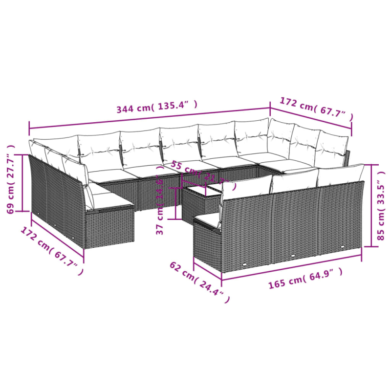 14-tlg. Garten-Sofagarnitur mit Kissen Braun Poly Rattan
