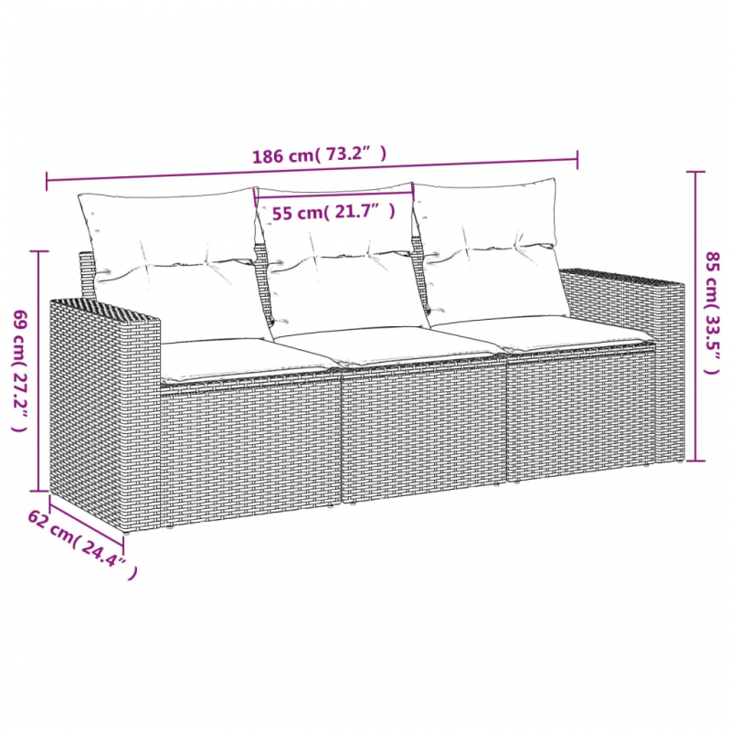 3-tlg. Garten-Sofagarnitur mit Kissen Braun Poly Rattan