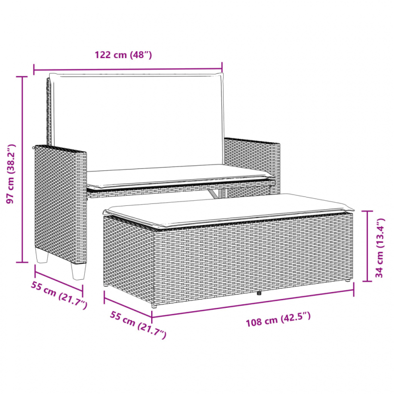 Gartenbank mit Kissen und Hocker Schwarz Poly Rattan