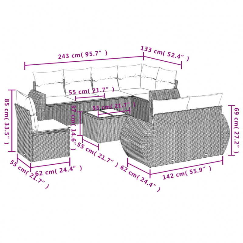 9-tlg. Garten-Sofagarnitur mit Kissen Grau Poly Rattan