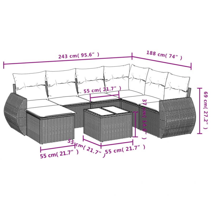 8-tlg. Garten-Sofagarnitur mit Kissen Grau Poly Rattan