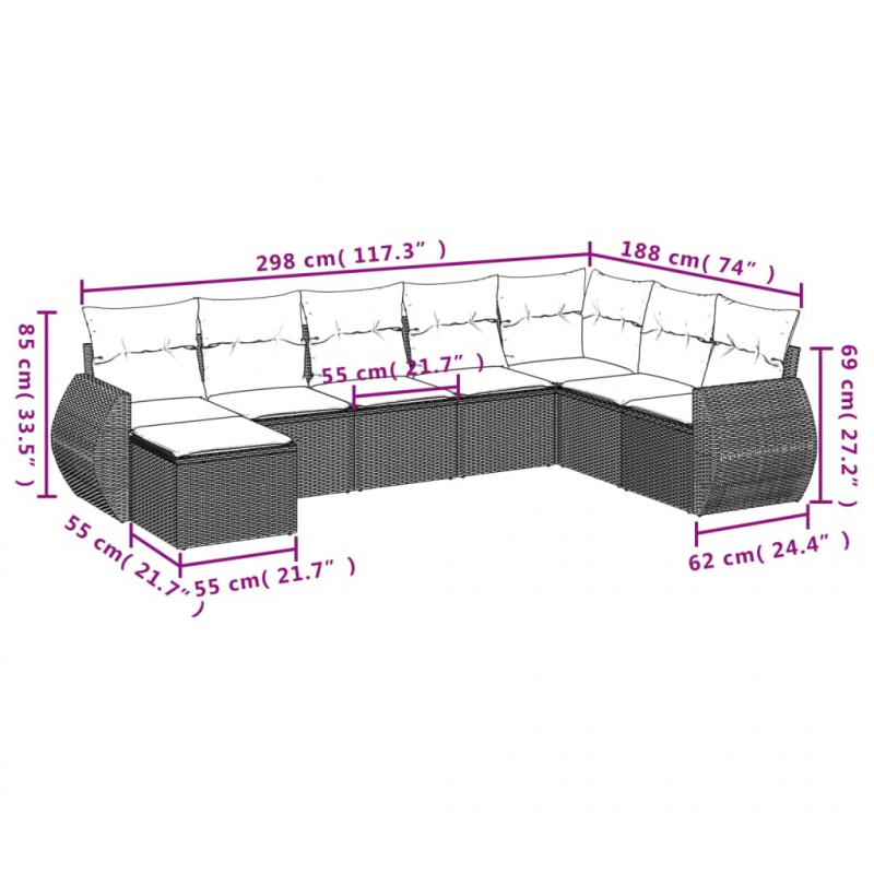 8-tlg. Garten-Sofagarnitur mit Kissen Schwarz Poly Rattan