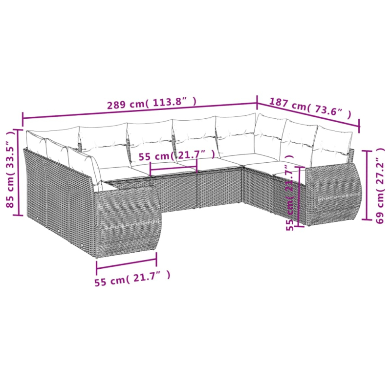 9-tlg. Garten-Sofagarnitur mit Kissen Braun Poly Rattan