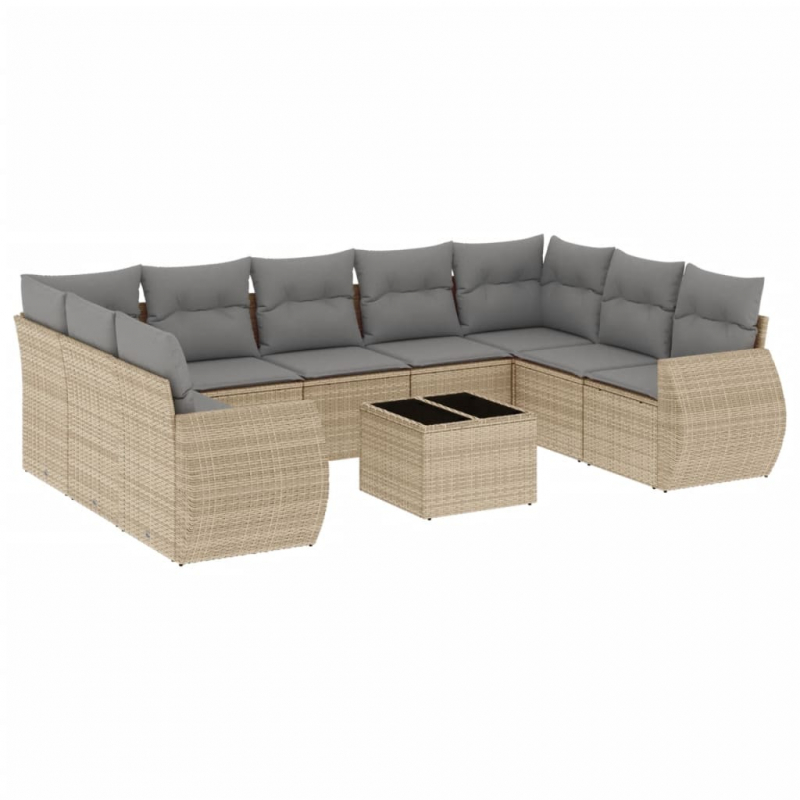 10-tlg. Garten-Sofagarnitur mit Kissen Beige Poly Rattan