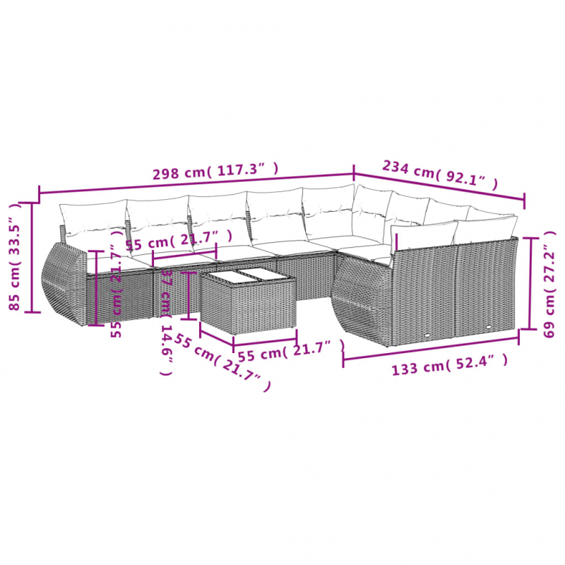 10-tlg. Garten-Sofagarnitur mit Kissen Schwarz Poly Rattan