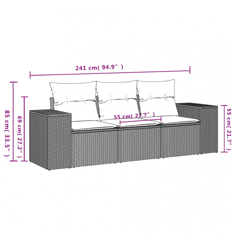 3-tlg. Garten-Sofagarnitur mit Kissen Schwarz Poly Rattan