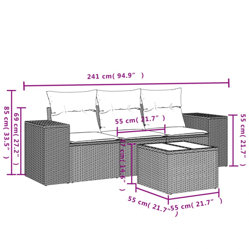 4-tlg. Garten-Sofagarnitur mit Kissen Schwarz Poly Rattan