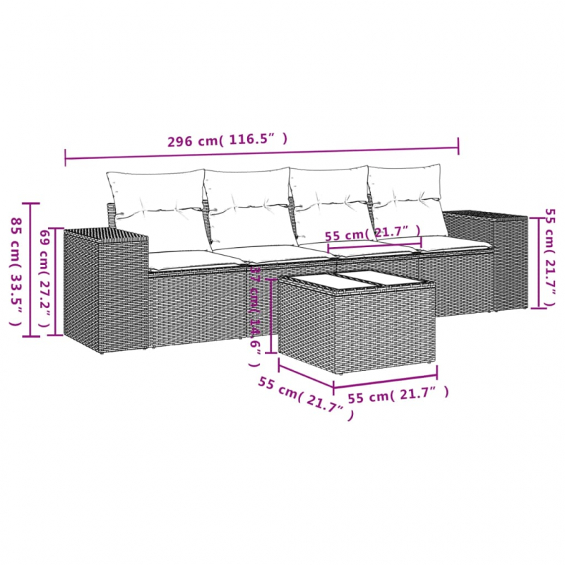 5-tlg. Garten-Sofagarnitur mit Kissen Schwarz Poly Rattan
