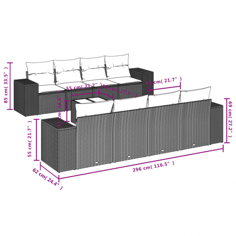 9-tlg. Garten-Sofagarnitur mit Kissen Schwarz Poly Rattan