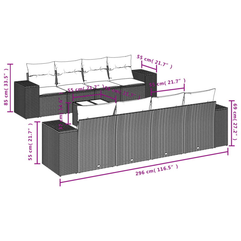 9-tlg. Garten-Sofagarnitur mit Kissen Grau Poly Rattan