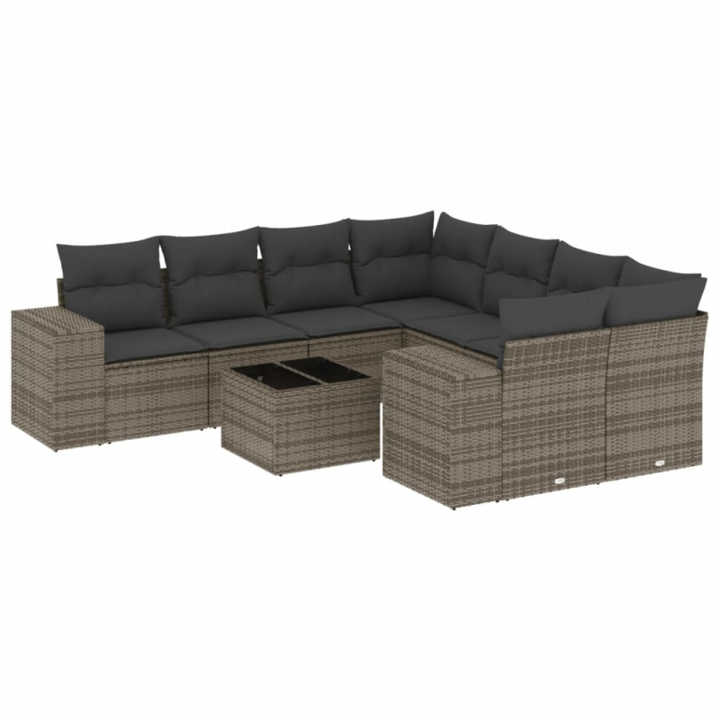 9-tlg. Garten-Sofagarnitur mit Kissen Grau Poly Rattan