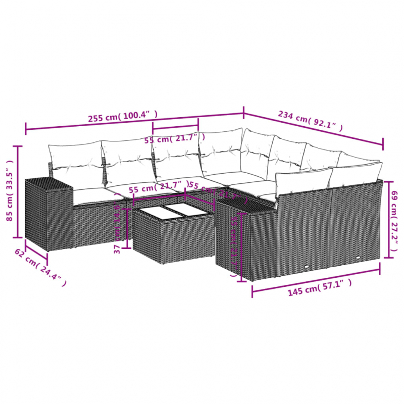 9-tlg. Garten-Sofagarnitur mit Kissen Grau Poly Rattan