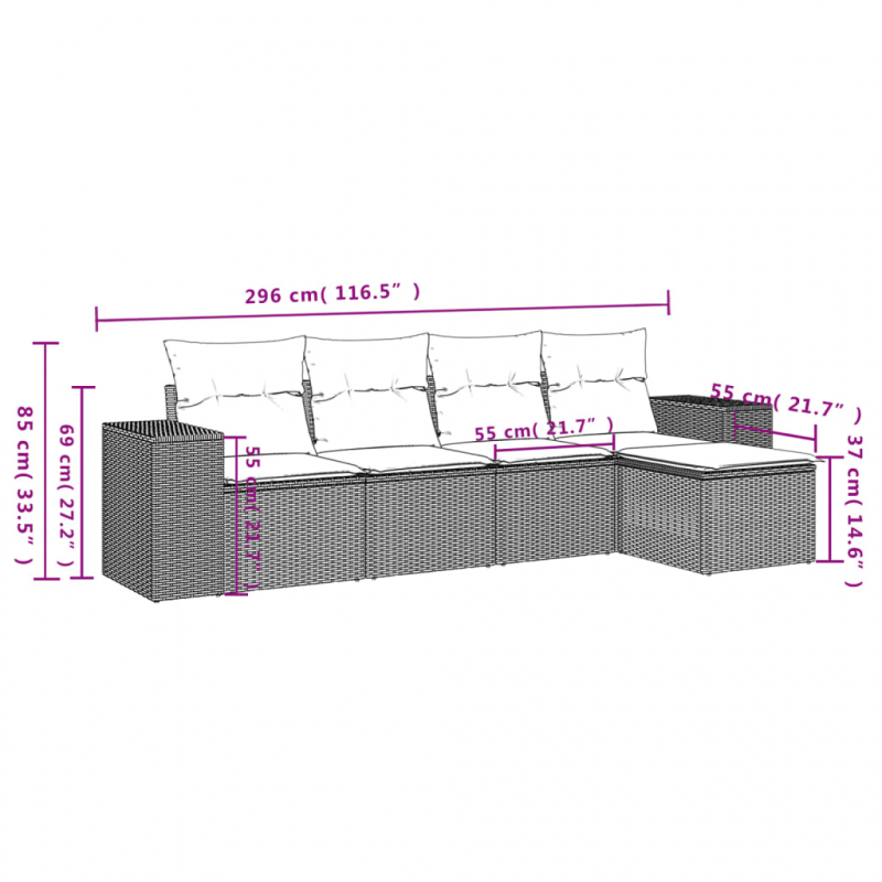 5-tlg. Garten-Sofagarnitur mit Kissen Schwarz Poly Rattan