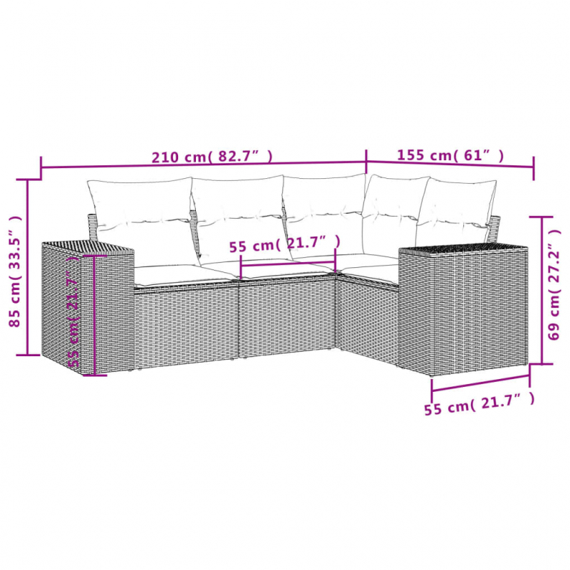 4-tlg. Garten-Sofagarnitur mit Kissen Schwarz Poly Rattan